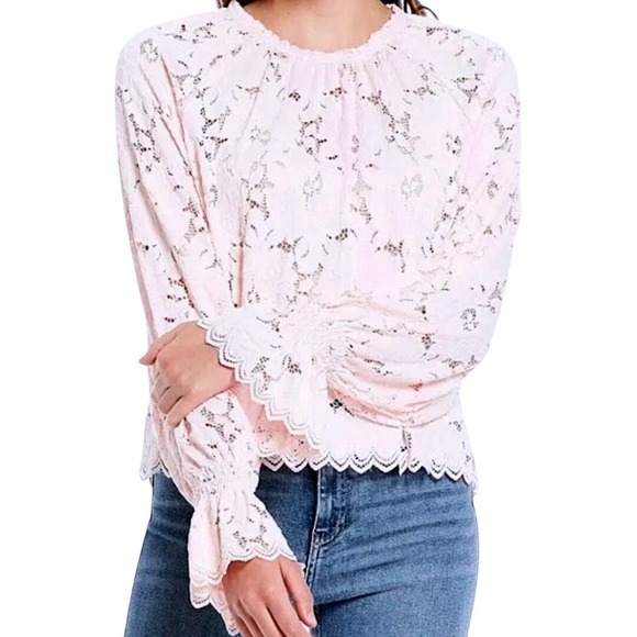 Free People Olivia Balloon Sleeve Floral Lace Blouse Top Pink‎ Boho Festival XS - Picture 2 of 16